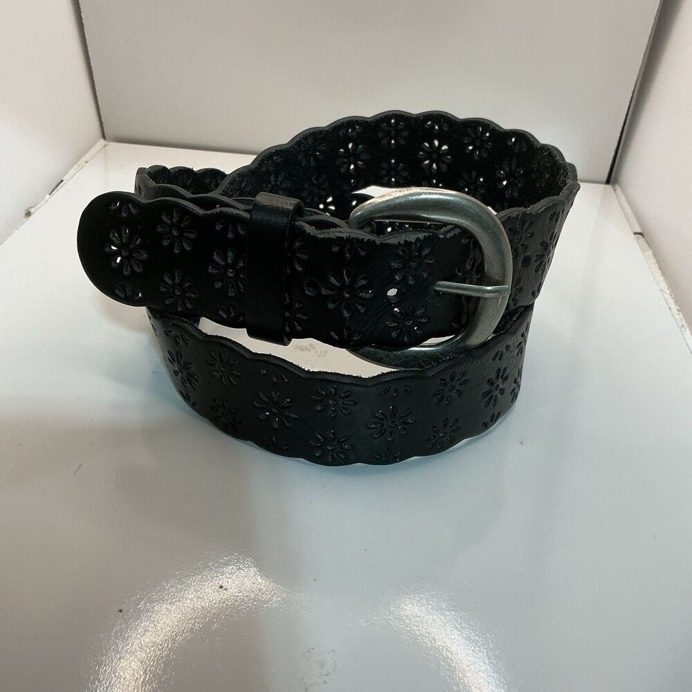 Black Genuine Leather Floral Cutout Belt Women’s 30-35” Silver Buckle